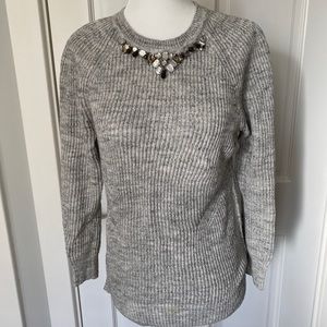 LOFT Gray Gemstone Beaded Neckline Sweater